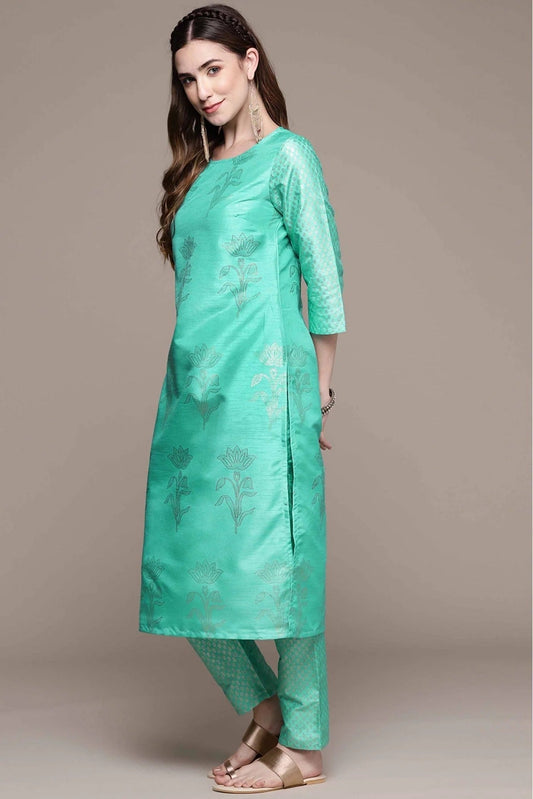 Green Poly Silk Foil Print Kurta With Pant NCKR10610156