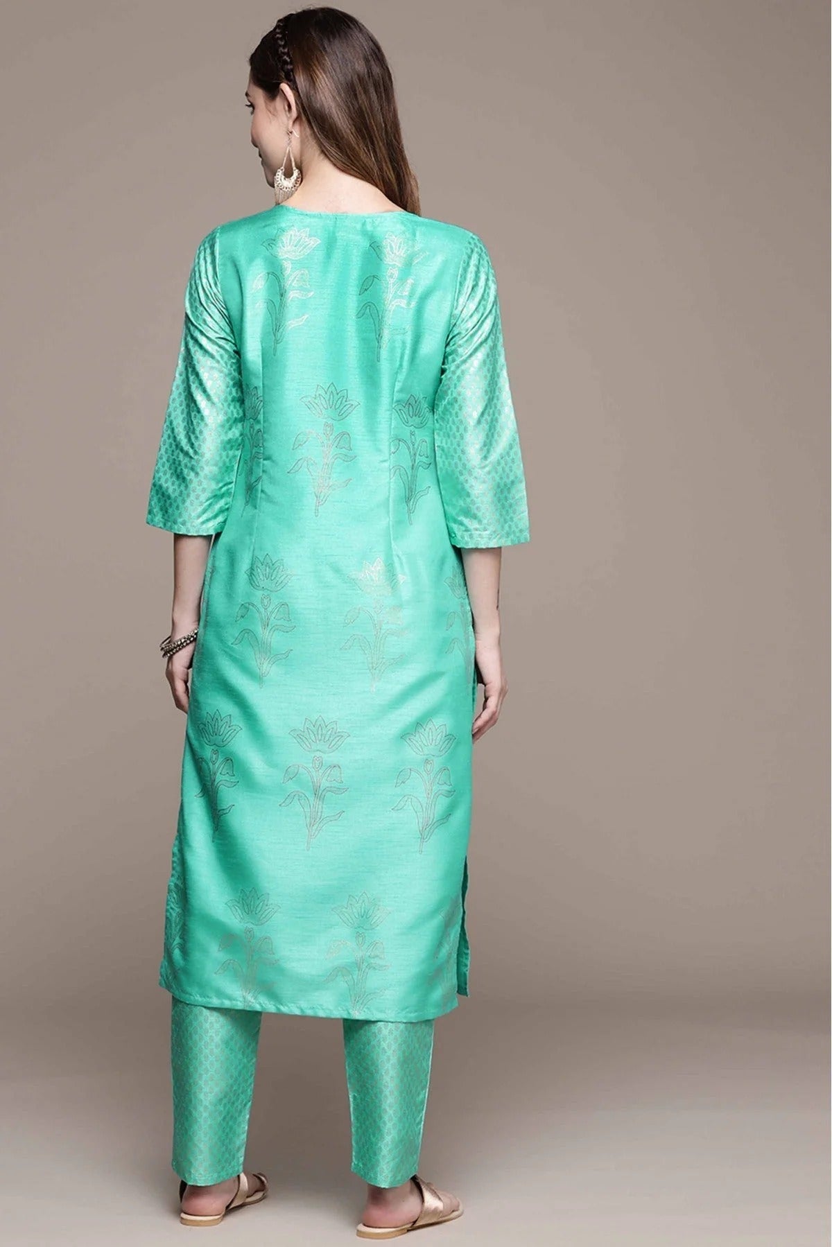 Green Poly Silk Foil Print Kurta With Pant NCKR10610156