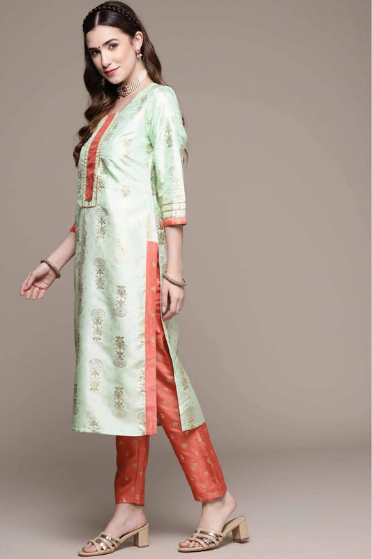 Green Poly Silk Foil Print Kurta With Pant NCKR10610160