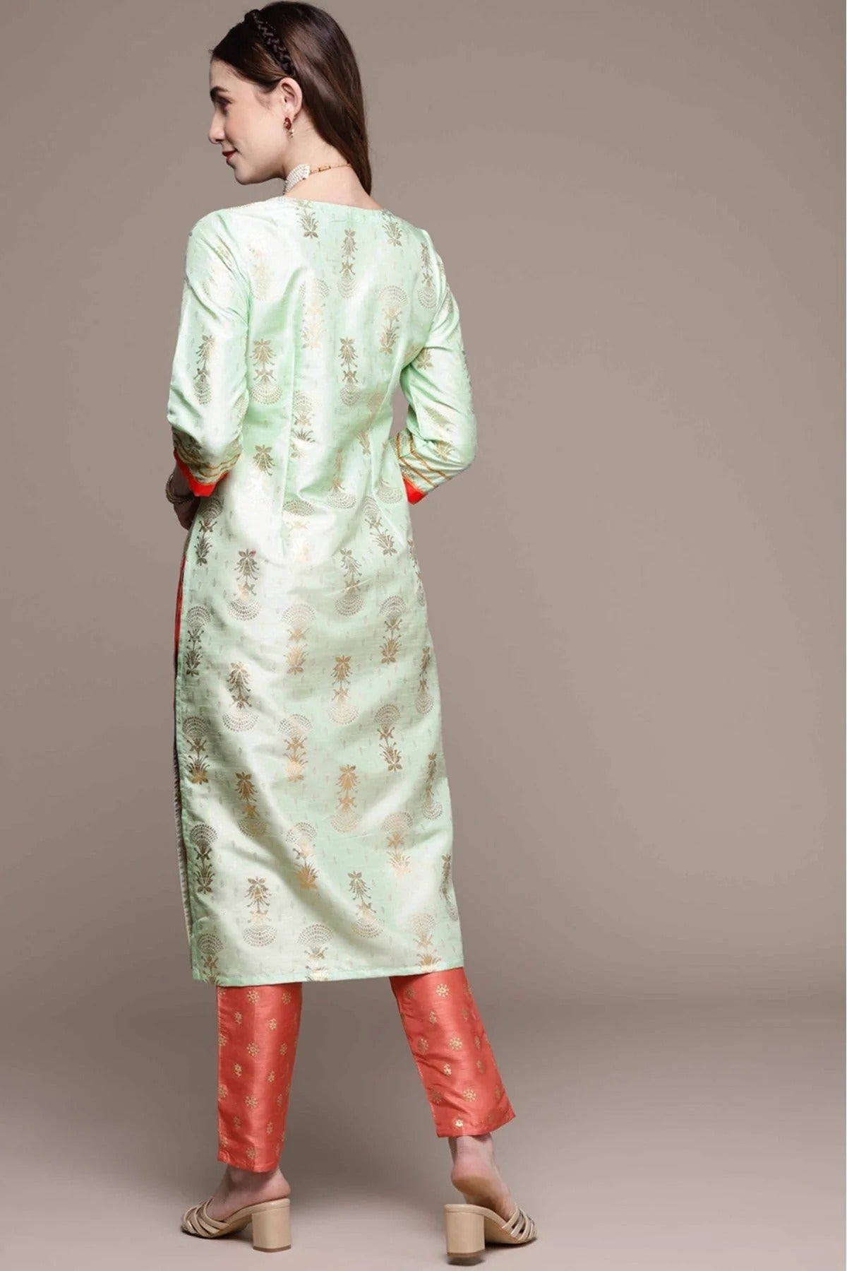 Green Poly Silk Foil Print Kurta With Pant NCKR10610160