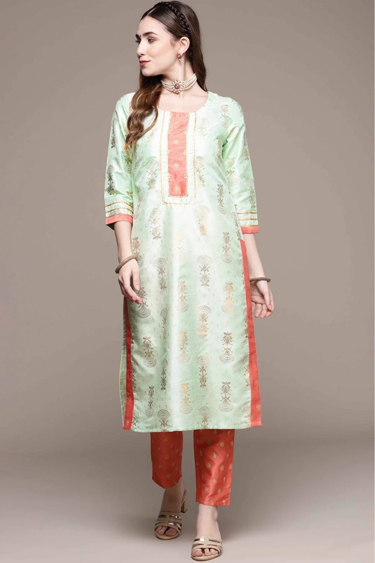 Green Poly Silk Foil Print Kurta With Pant NCKR10610160