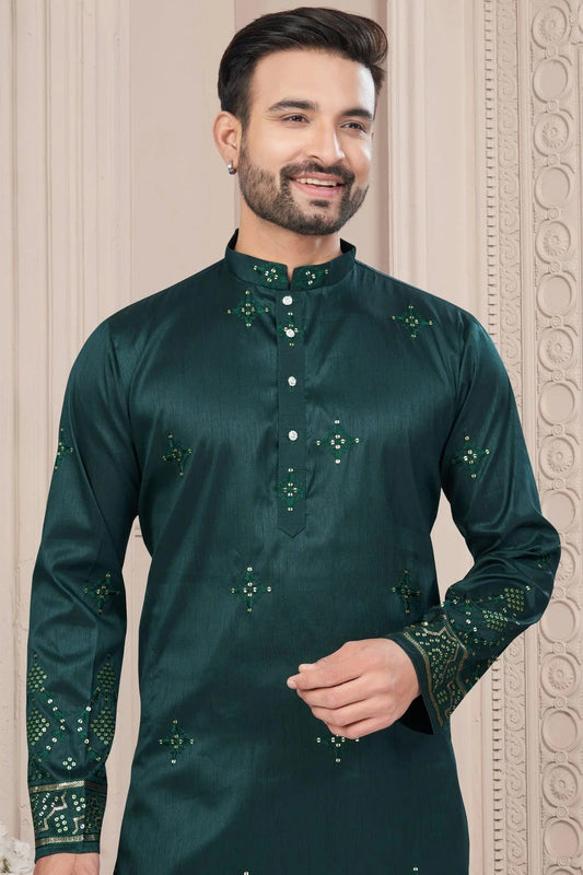 Green Pure Silk Kurta Pajama NCKP10410103