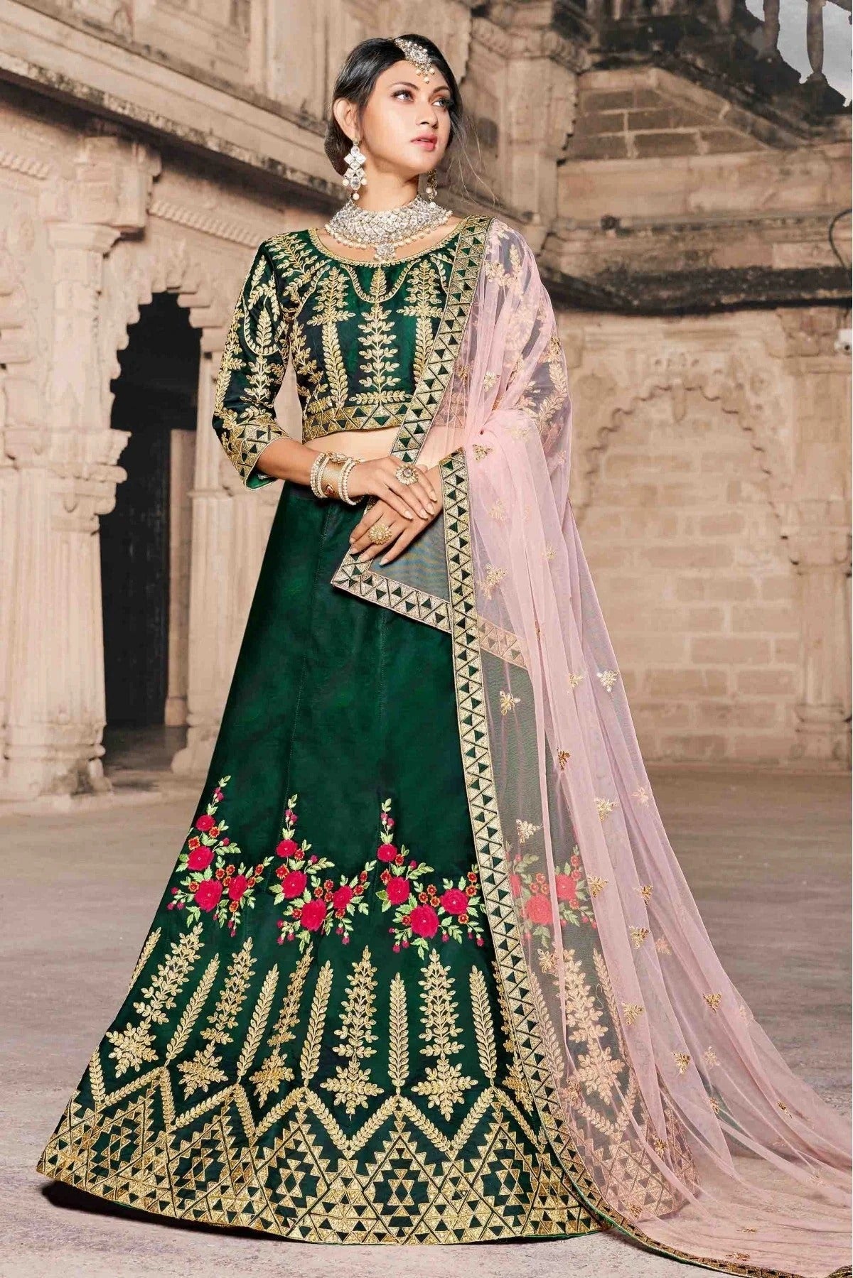 Green Pure Taffeta Thread Lehenga Choli NCLC10810511