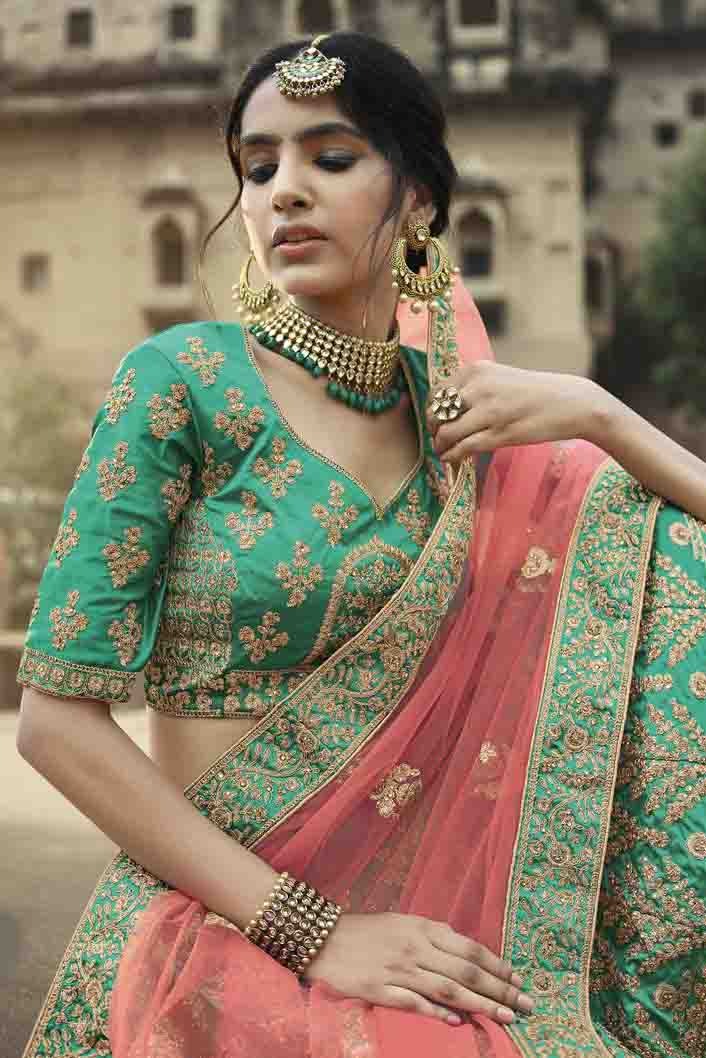 Green Satin Thread Lehenga Choli NCLC10810484
