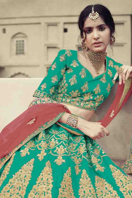 Green Satin Thread Lehenga Choli NCLC10810492