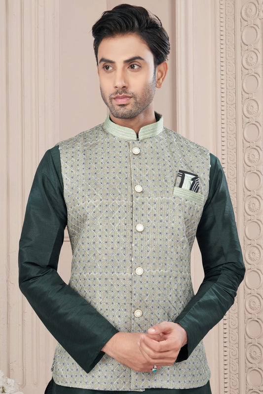 Green Silk Dupion Jacket Kurta Pajama NCKP10410140