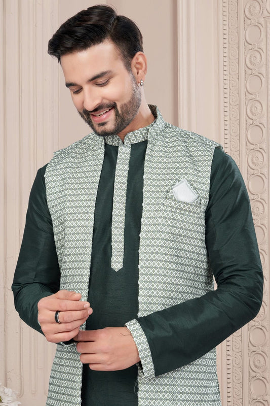 Green Silk Dupion Jacket Kurta Pajama NCKP10410144