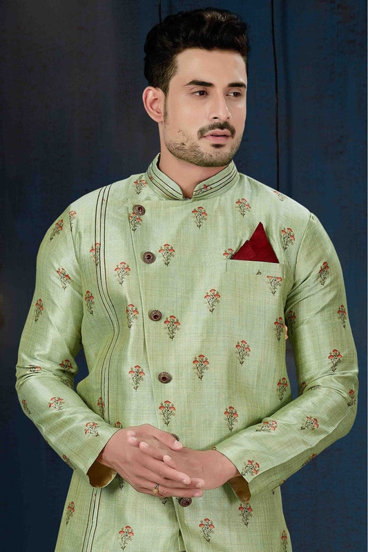 Green Silk Party Wear Indo Western Sherwani NCSH10410333