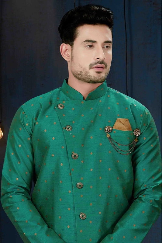 Green Silk Party Wear Indo Western Sherwani NCSH10410339