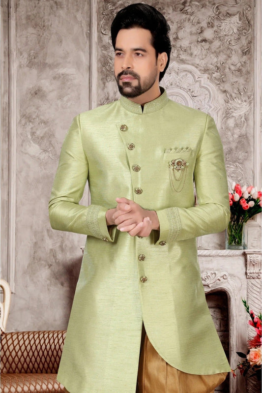 Green Slub Silk Dhoti Sherwani NCSH10410384