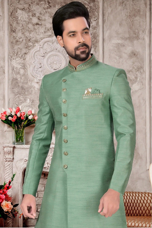 Green Slub Silk Dhoti Sherwani NCSH10410397