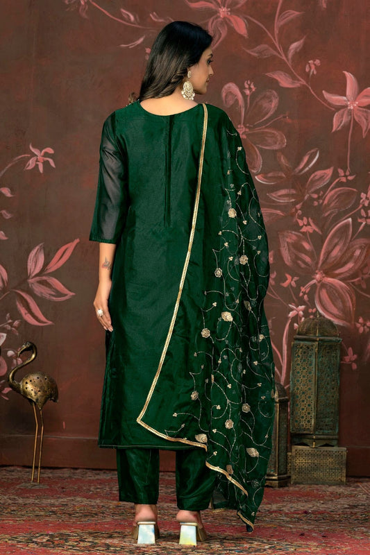 Green Unstitched Organza Jacquard Straight Suit NCUS11610140