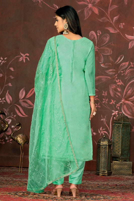 Green Unstitched Organza Pant Style Suit NCUS11610398