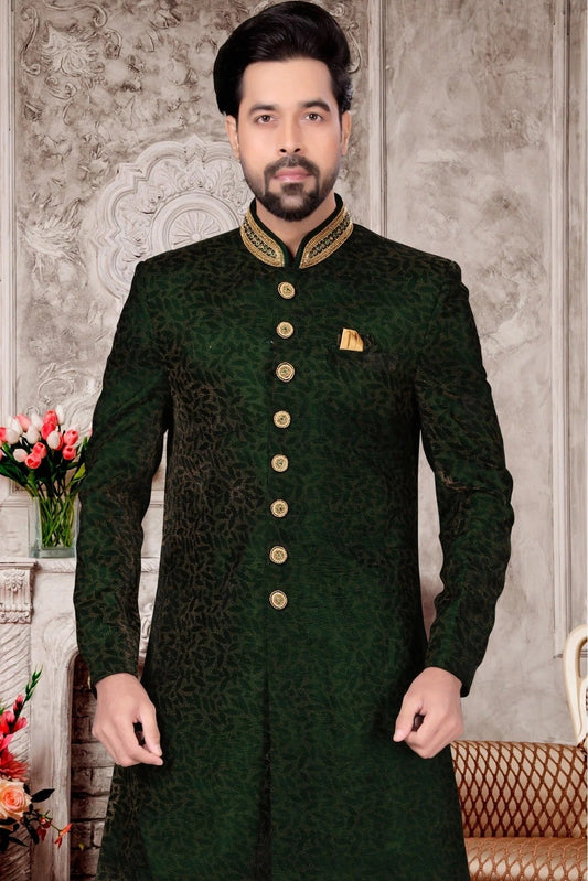 Green Velvet Dhoti Sherwani NCSH10410393