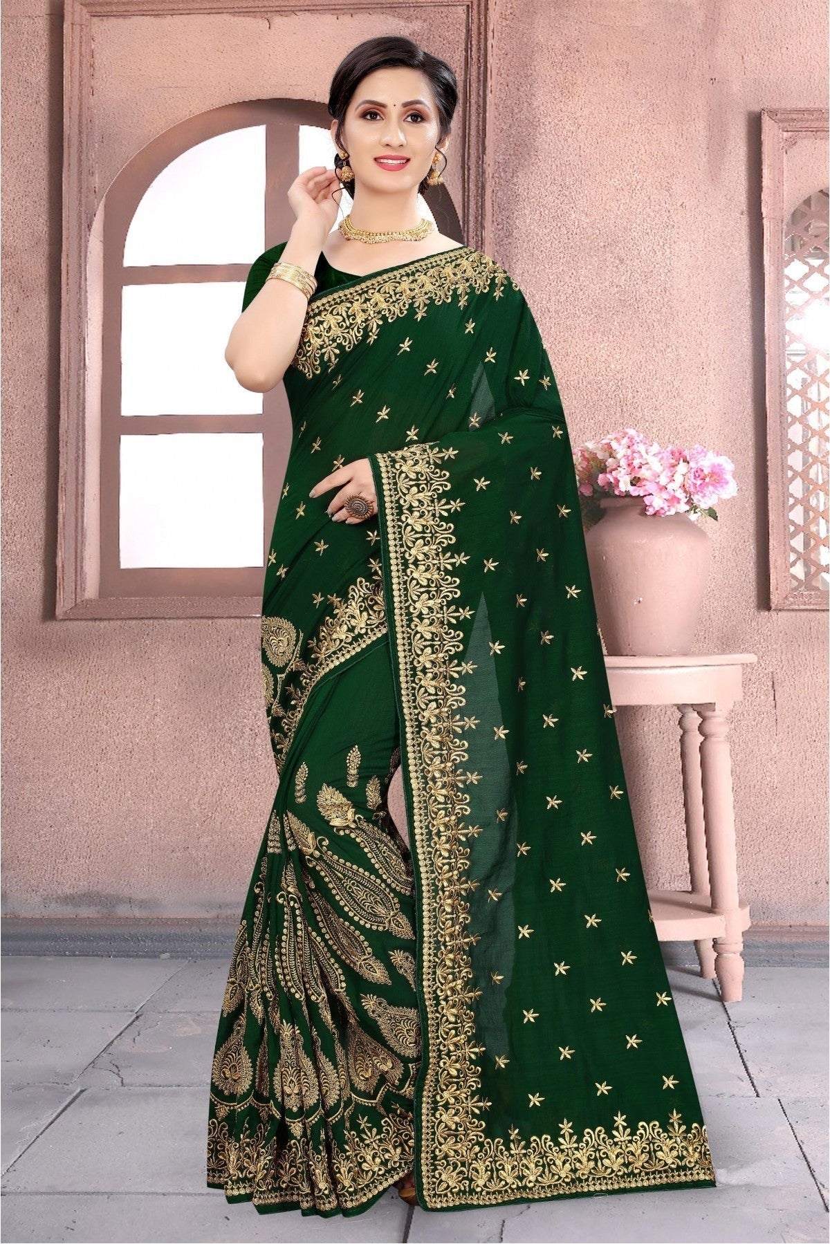 Green Vichitra Silk Embroidery Saree NCSD11210562