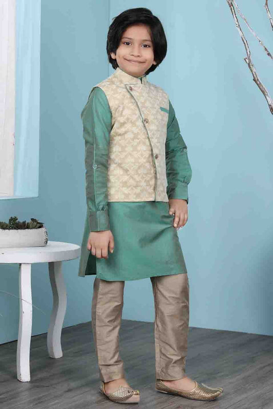 Green and Beige Cotton Silk Kurta PajamaWith Jacket  NCBW10710724