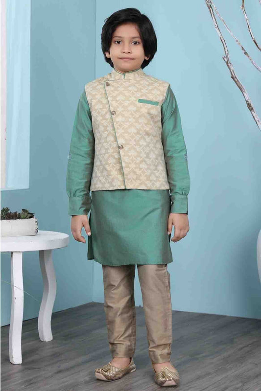 Green and Beige Cotton Silk Kurta PajamaWith Jacket NCBW10710724