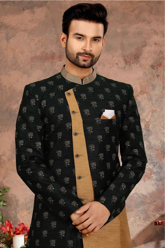 Green and Beige Jacquard Thread Sherwani NCSH10410449