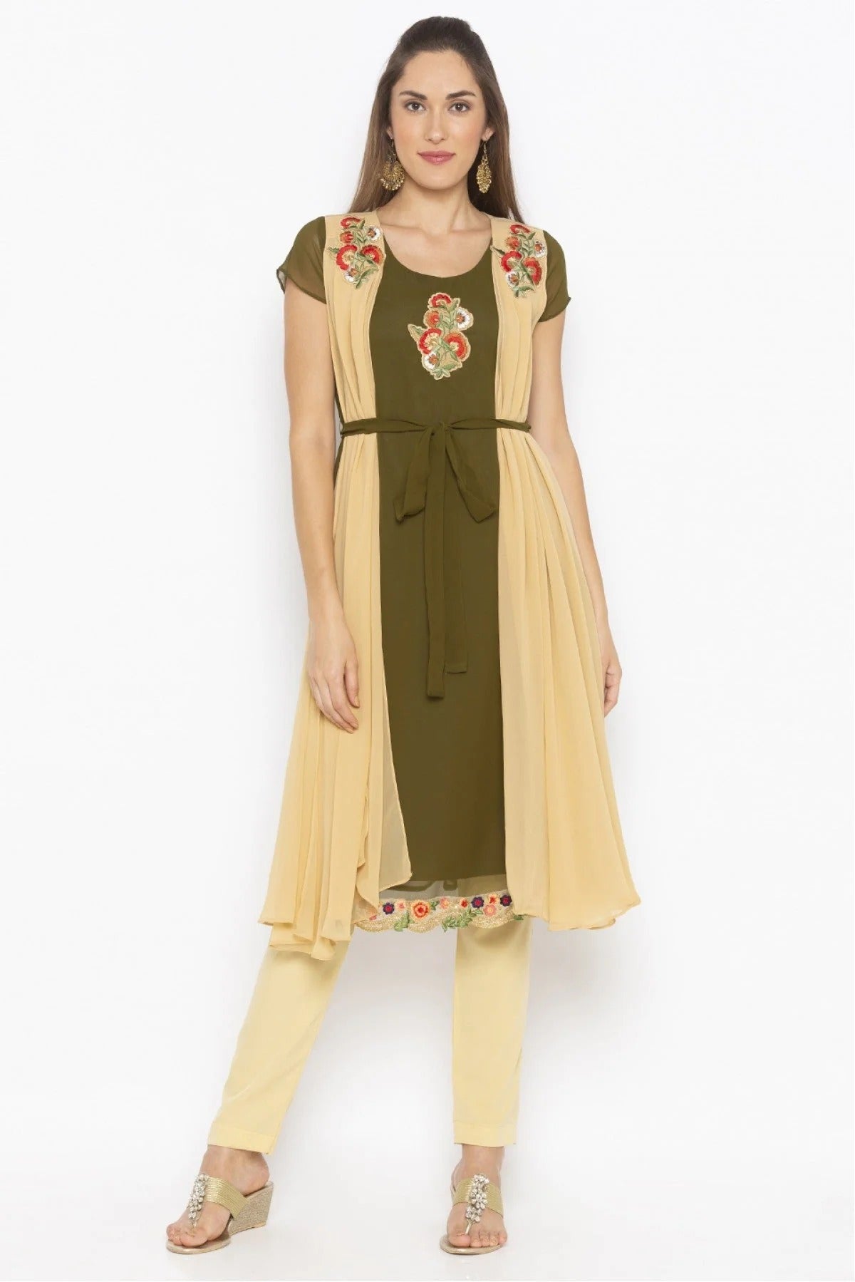 Green and Beige Plus Size Georgette Embroidery Kurti NCKR10710391