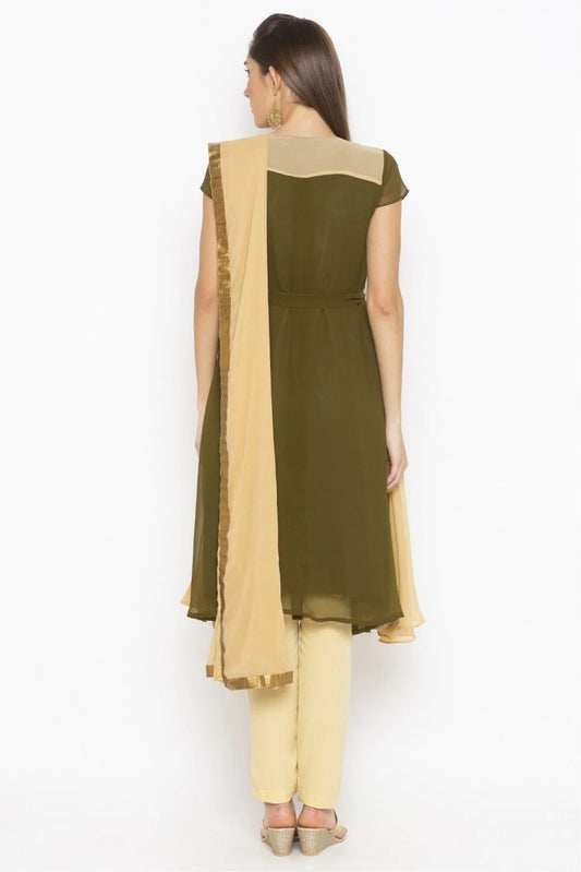 Green and Beige Plus Size Georgette Embroidery Pant Style Suit NCSS10710638