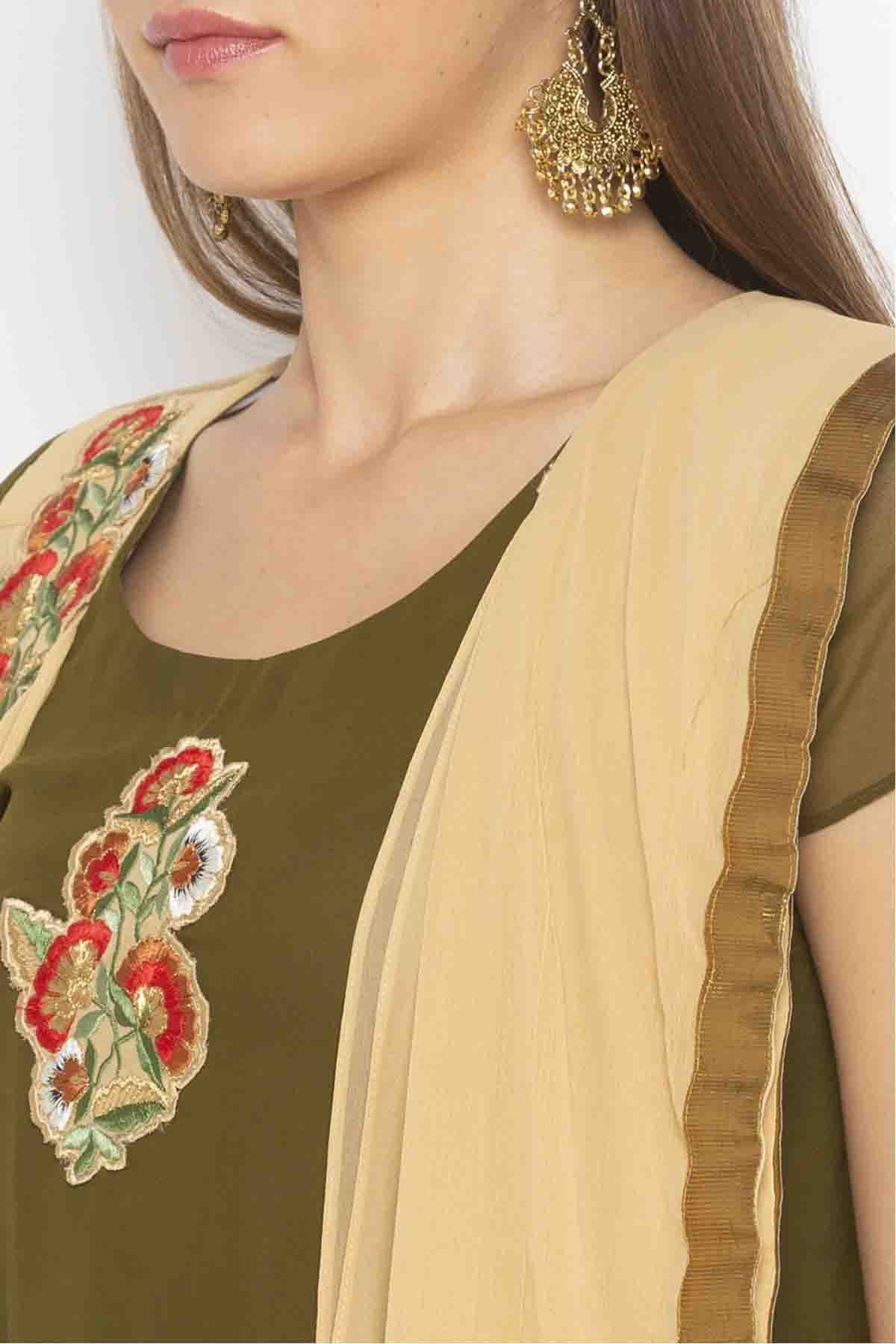Green and Beige Plus Size Georgette Embroidery Pant Style Suit NCSS10710638