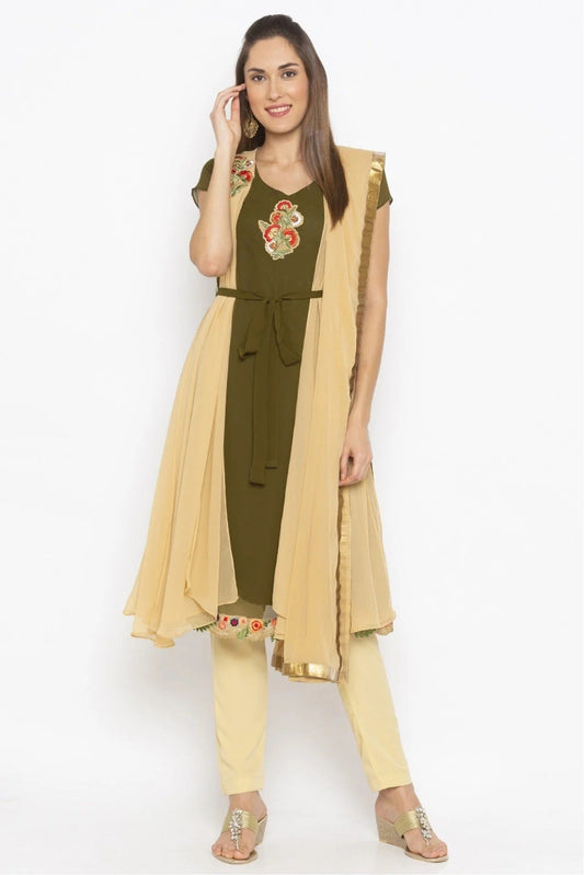 Green and Beige Plus Size Georgette Embroidery Pant Style Suit NCSS10710638