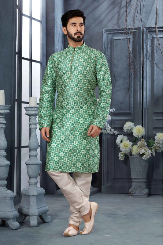 Green and Cream Kurta Pajama In Silk NCKP10410700