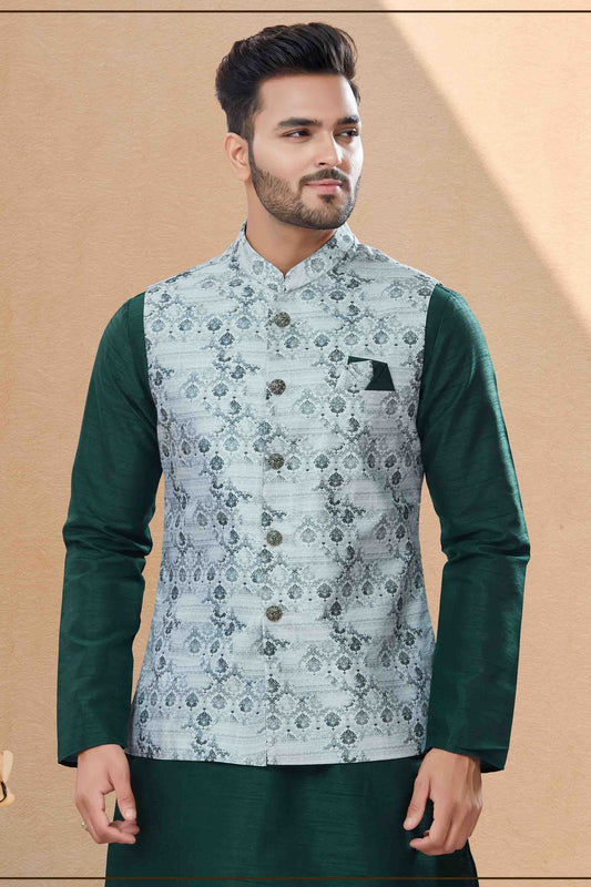 Green and Grey Kurta PajamaWith Jacket In Silk Dupion  NCKP10410751