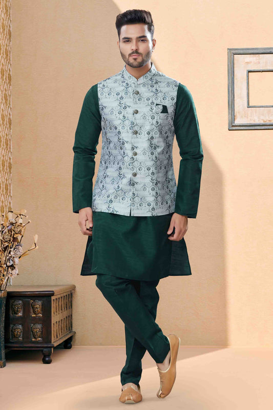 Green and Grey Kurta PajamaWith Jacket In Silk Dupion NCKP10410751