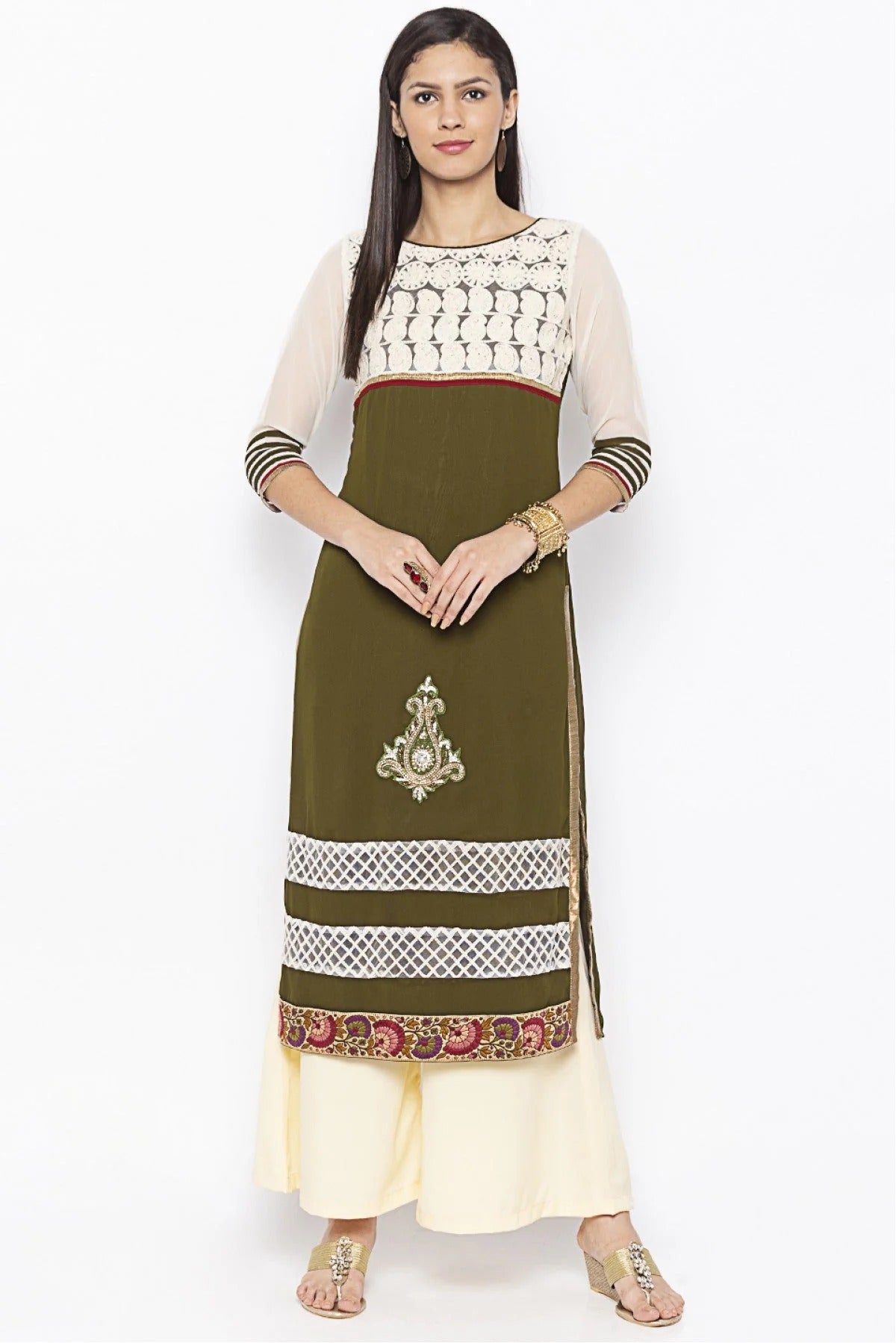 Green and White Plus Size Georgette Embroidery Kurta Set NCKR10710398