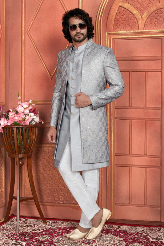 Grey Art Silk Indowestern Sherwan With Aligadhi Pant NCSH12310367