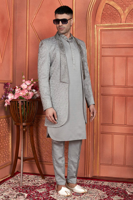 Grey Art Silk Indowestern Sherwan With Aligadhi Pant NCSH12310372