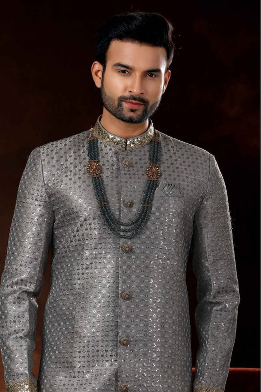 Grey Art Silk Sherwani NCSH10410459