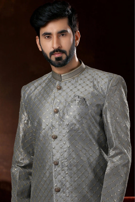 Grey Art Silk Sherwani NCSH10410462