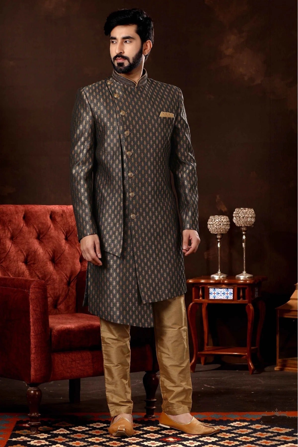 Grey Art Silk Sherwani NCSH10410464