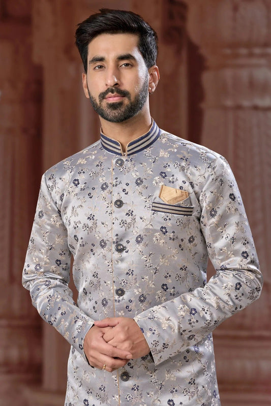 Grey Banarasi Soft Jacquard Sherwani NCSH10410241