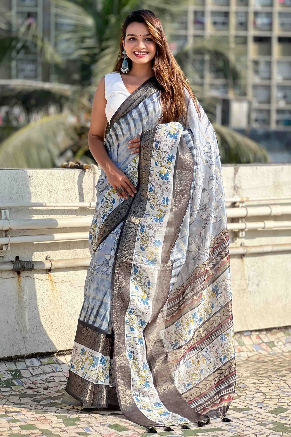 Grey Chanderi Crush Printed Saree NCSD11110998