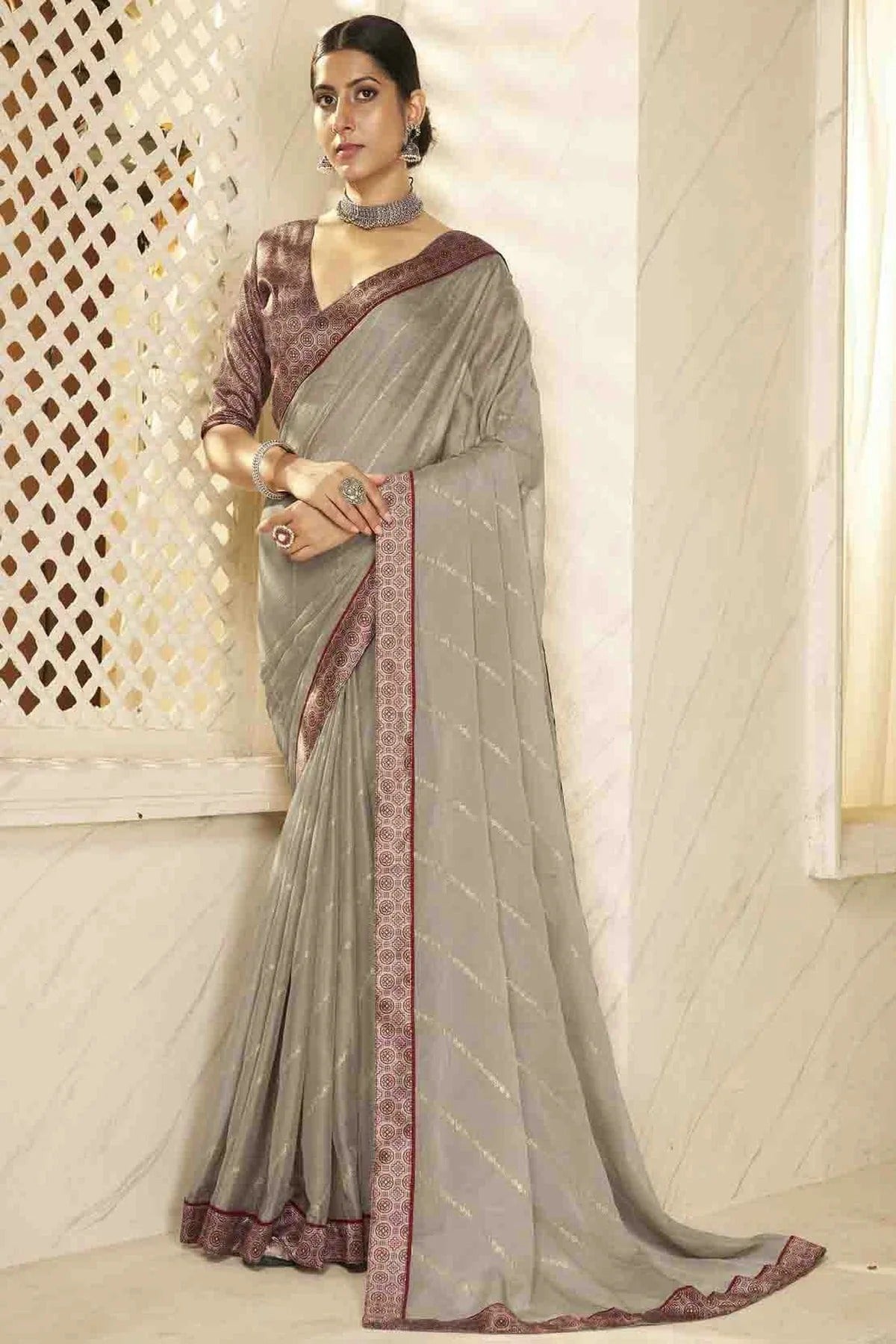 Grey Chiffon Digital Foil Printed Designer Saree NCSD11110397