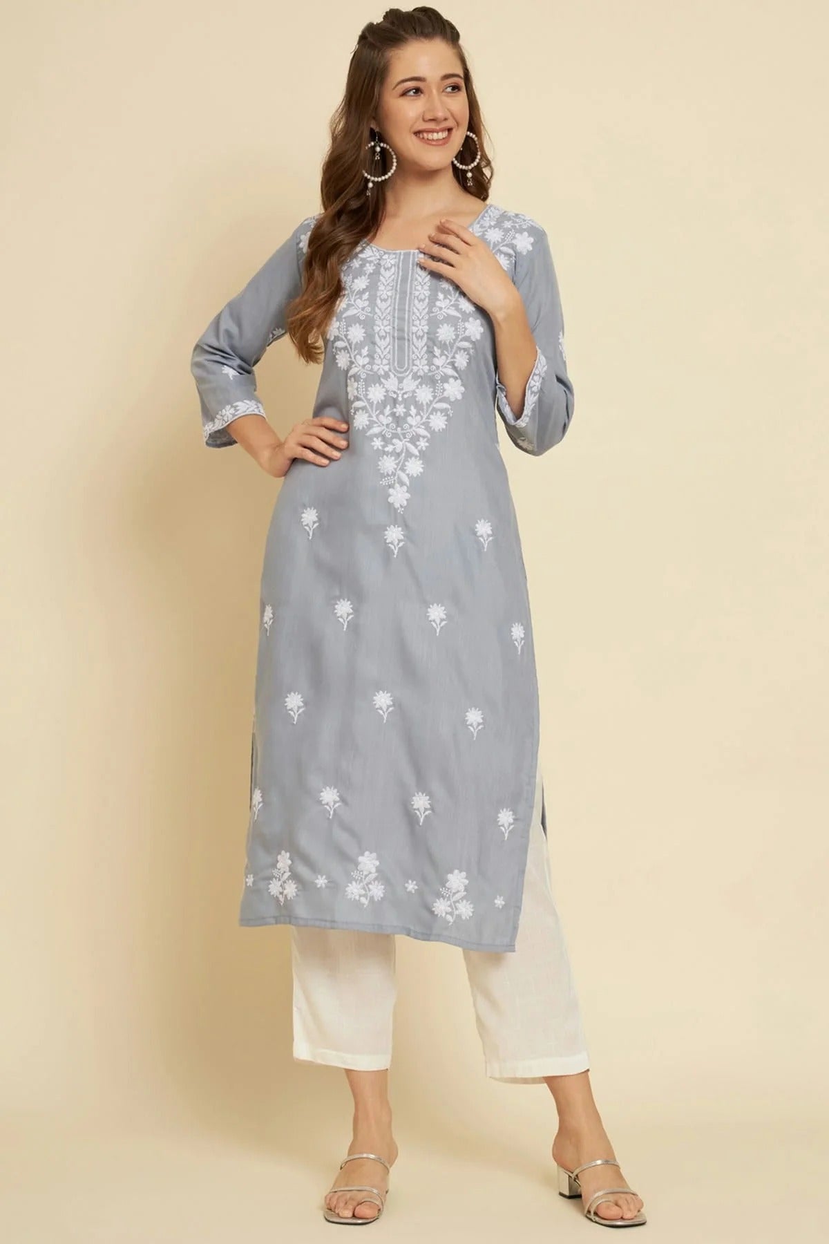 Grey Cotton Slub Kurti NCKR11112174