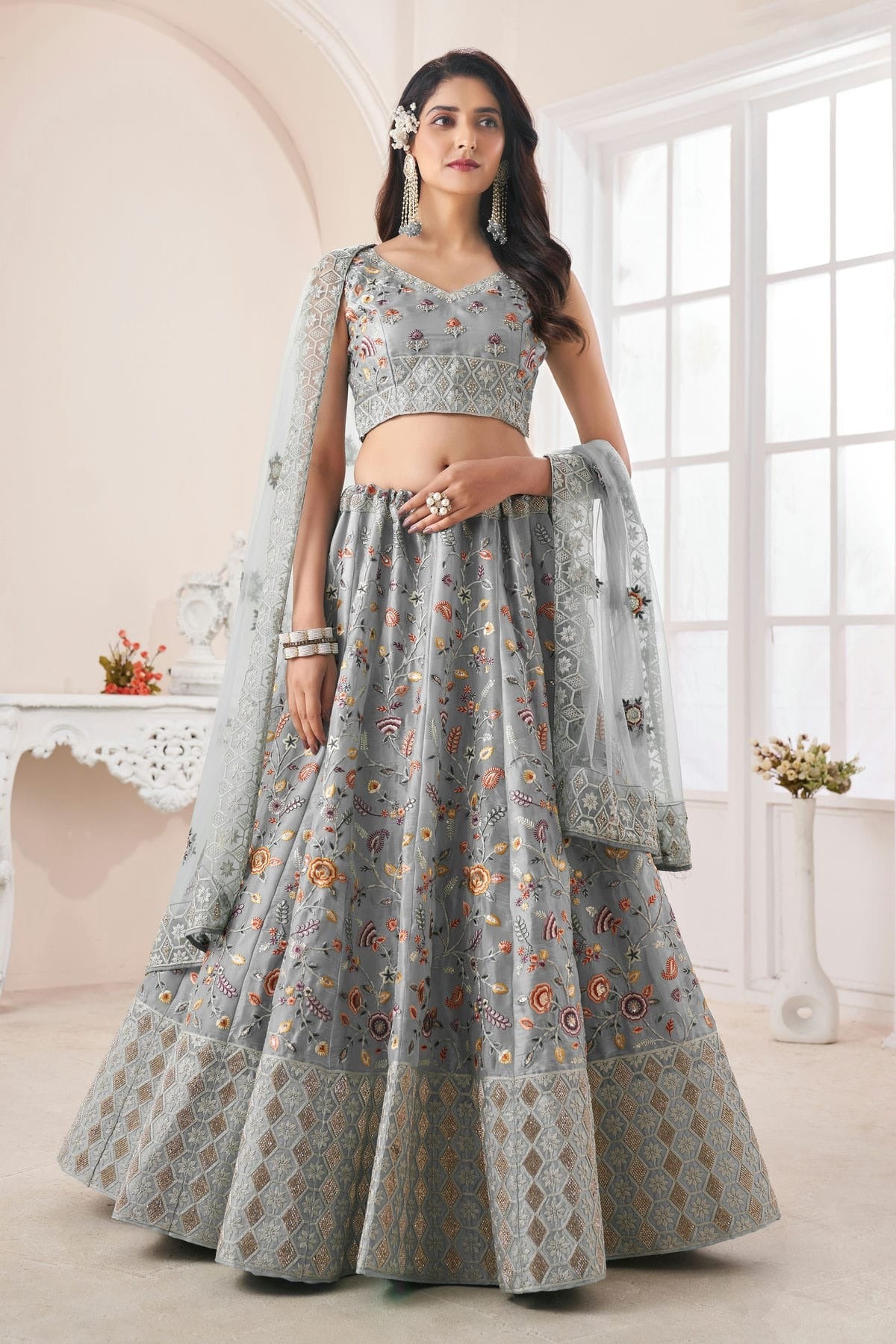 Grey Embroidery Art Silk Lehenga Choli NCLD10810230