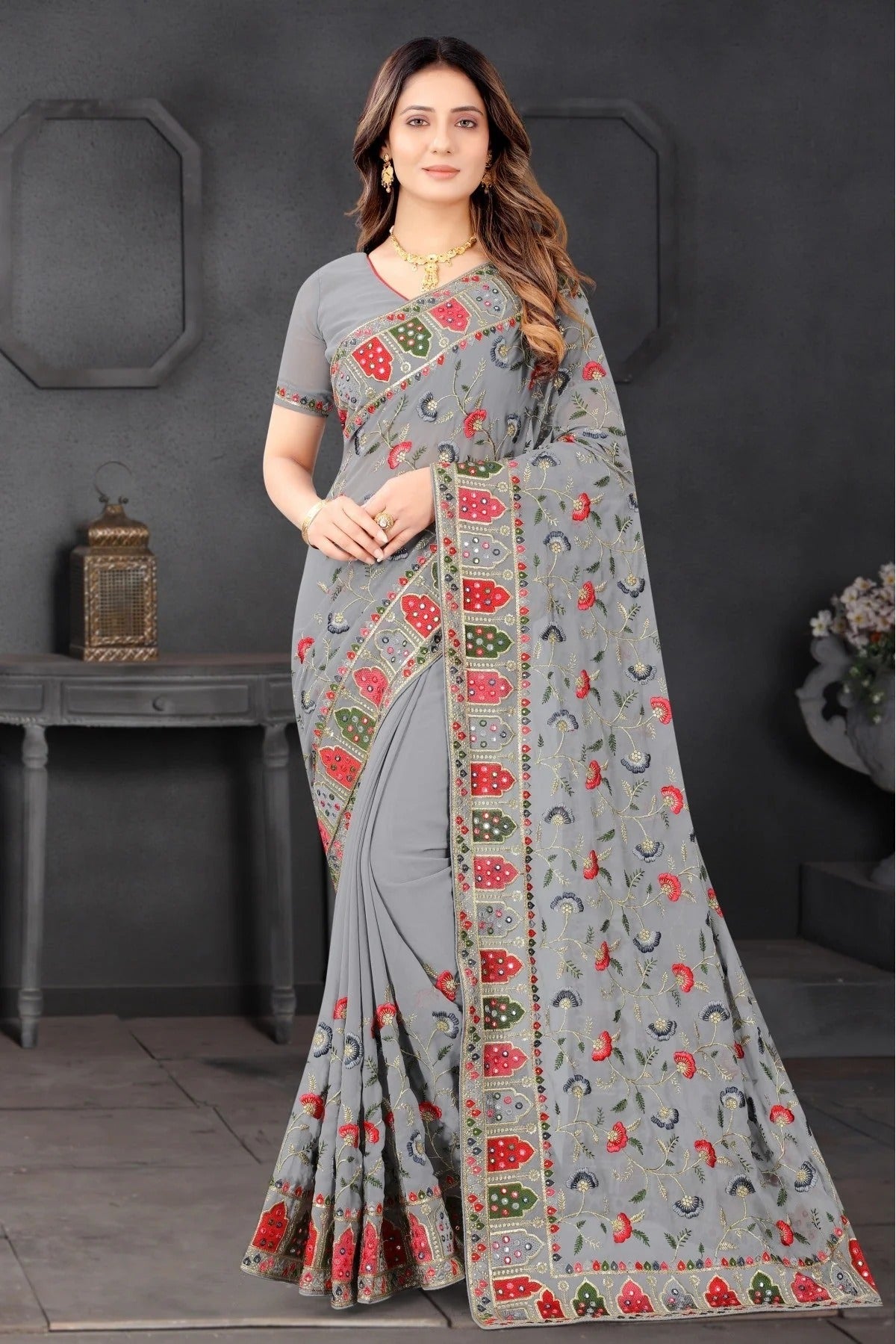 Grey Georgette Embroidery Saree NCSD10910583