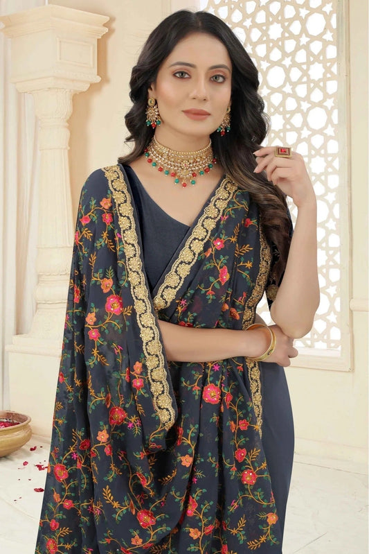 Grey Georgette Embroidery Saree NCSD11210873