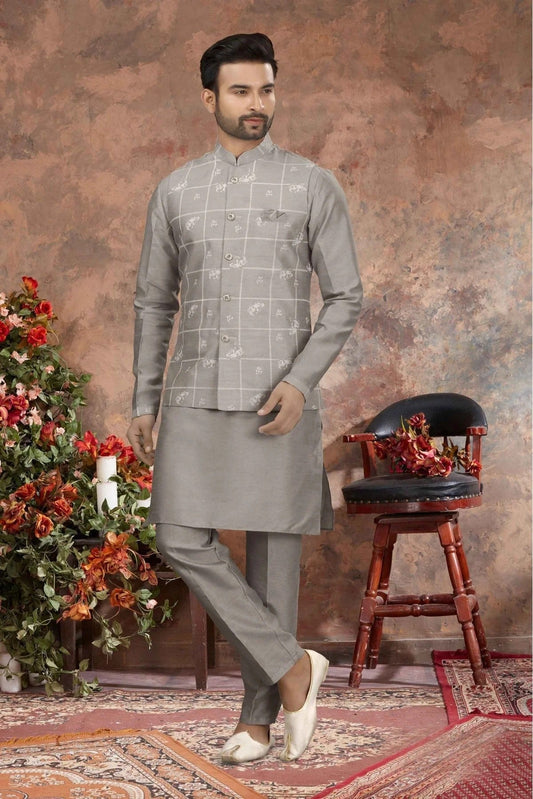 Grey Kurta PajamaWith Jacket In Silk Dupion NCKP10410733