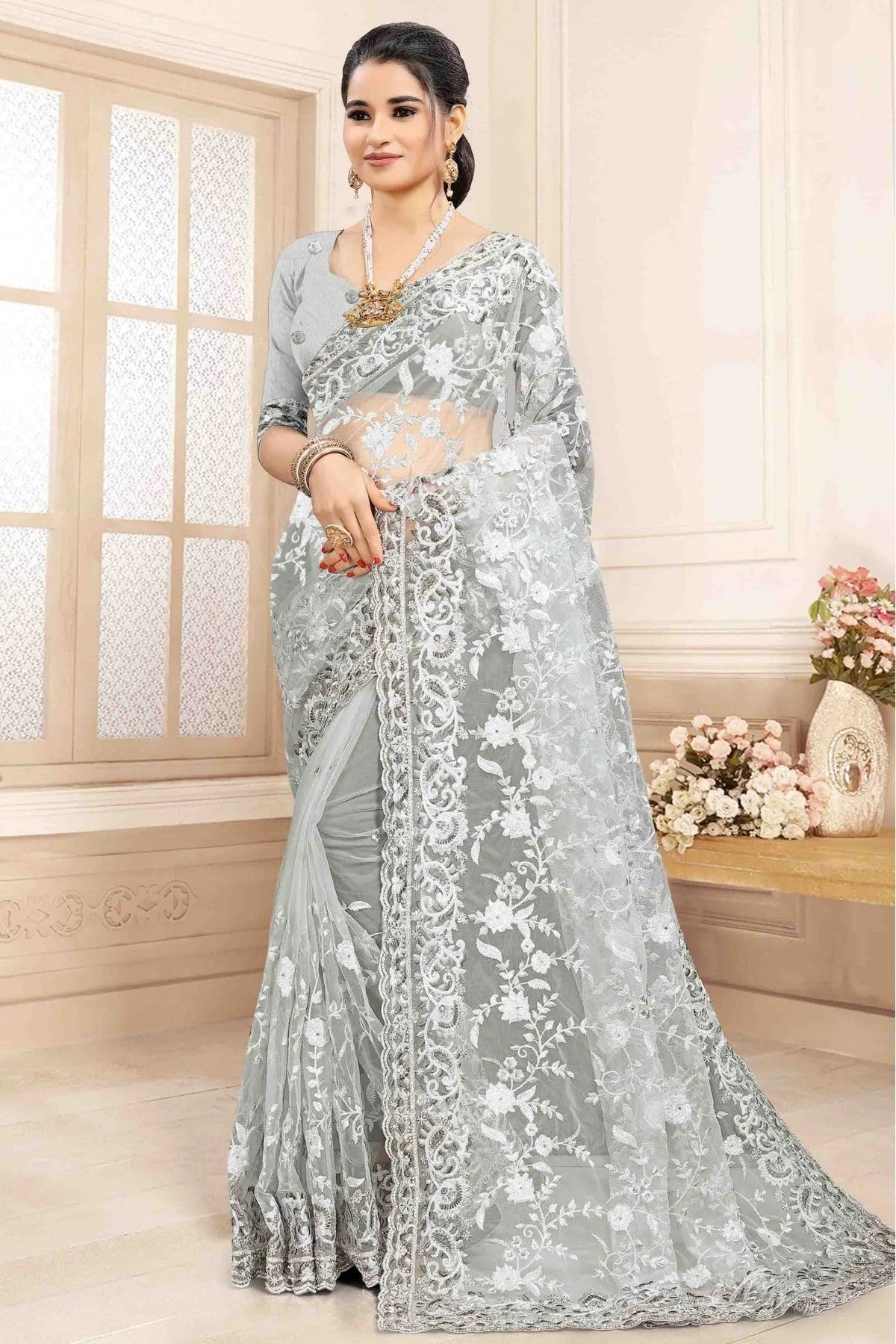 Grey Net Designer Saree NCSD11210557