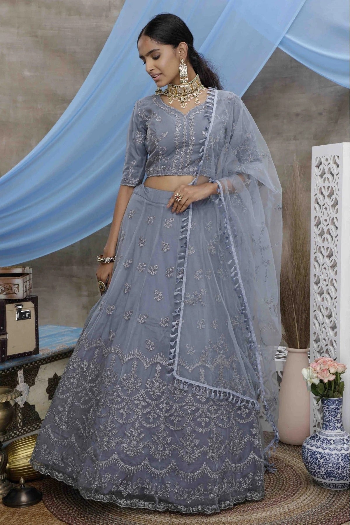 Grey Net Embroidery Lehenga Choli NCLC11510133