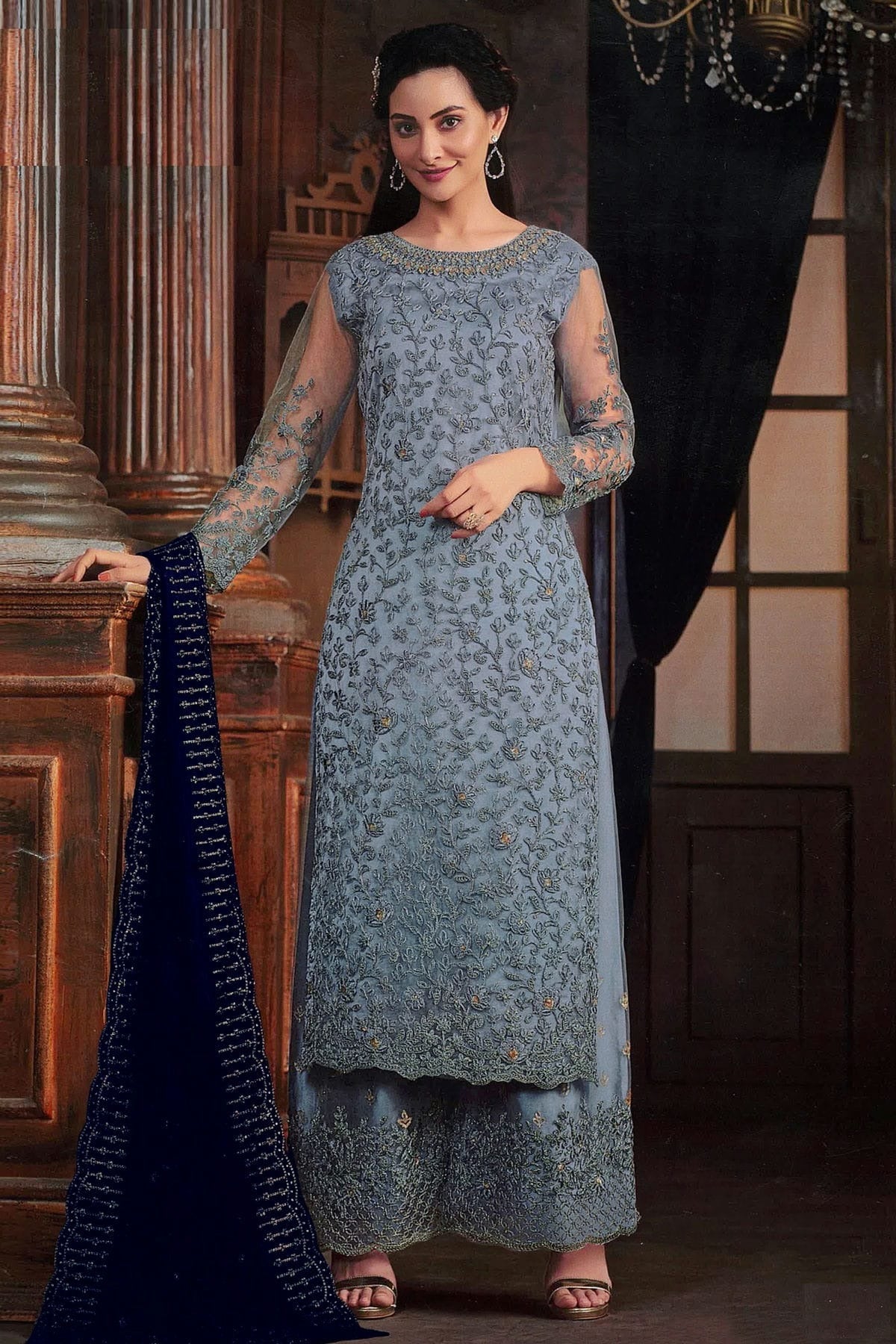 Buy Grey Net Palazzo Pant Suit NCSM11112370 – - Main Image