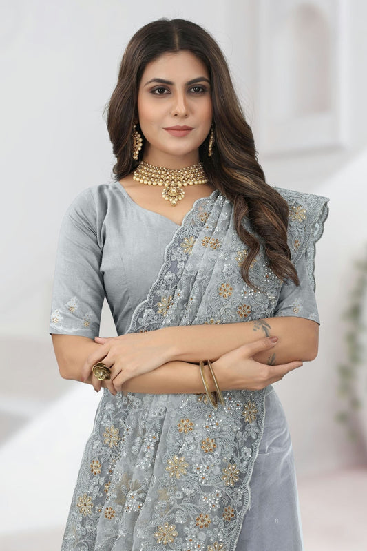 Grey Net Saree NCSD10910378
