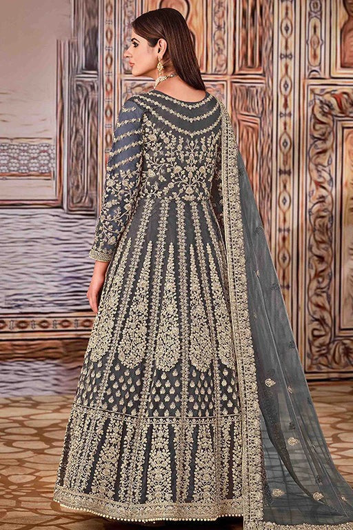 Grey Net Semi Stitched Anarkali Suit NCSM10510381