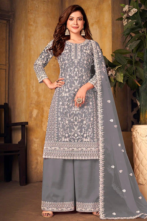 Grey Net Semi Stitched Palazzo Pant Suit NCSM10510390