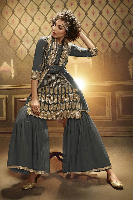 Grey Net Sequins Sharara Suit NCSM10810363